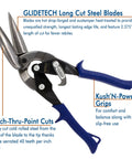 Long Cut Tin Snips With Offset Design showcasing blue Kush'N-Power grips, sharp pro-grade forged blades, and wide offset opening.