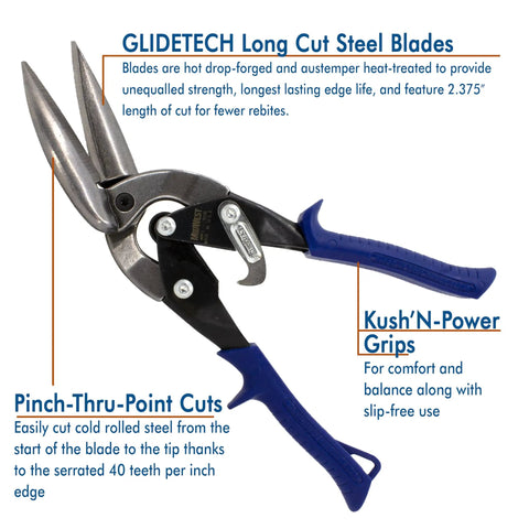 Long Cut Tin Snips With Offset Design showcasing blue Kush'N-Power grips, sharp pro-grade forged blades, and wide offset opening.