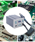 Collage with Pro Grade Digital Display Hot Air Rework Station alongside close-ups of circuit boards for electronics repair.