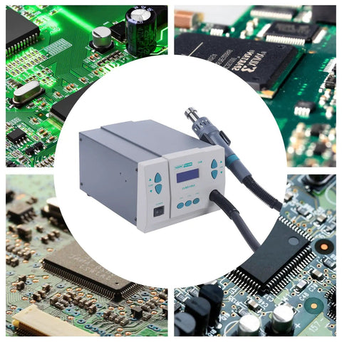 Collage with Pro Grade Digital Display Hot Air Rework Station alongside close-ups of circuit boards for electronics repair.