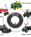Beefed Up Heavy Duty Inner Tubes 13x4.00-6 for 6 Inch Rims with valve stem, shown with various outdoor equipment