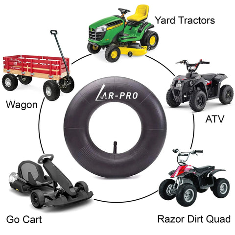 Beefed Up Heavy Duty Inner Tubes 13x4.00-6 for 6 Inch Rims with valve stem, shown with various outdoor equipment