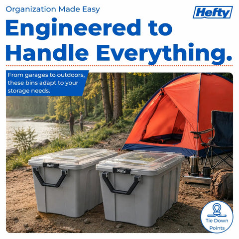 Kick Butt Heavy Duty 50 Gallon Storage Bins with Crystal Clear Lids Nesting Stackable Plastic Totes Hold All Tools Seasonal Gear and Bulky Clutter 2 Pack Grey near a camping site with a tent.