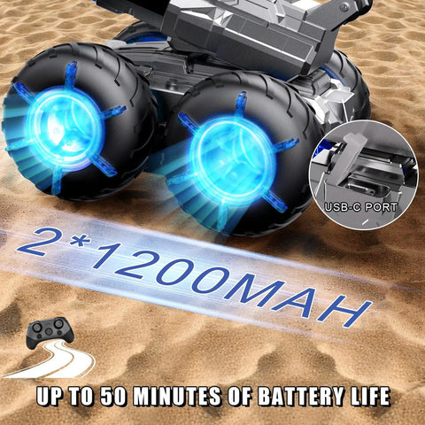 3 In 1 Amphibious RC Car Transforms Into Boat With Built In Water Gun For Epic Backyard Battles Off Road Ready 4WD All Terrain Stunt Truck For Kids Ages 8 9 10 11 12 A Perfect Birthday Gift showing glowing wheels and battery life detail on sand