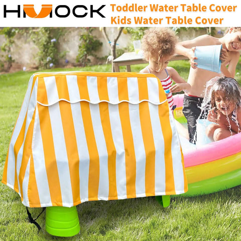 Kids Outdoor Water Table Cover Weatherproof Dustproof UV Shield for Rain with striped design on table in garden setting