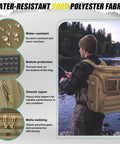 Fishing Backpack 45L With Rod Holders, water-resistant 900D fabric, fisherman wearing backpack by a lake.