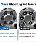 Comparison of wheel lug nuts with and without 24 Pack Wheel Lug Nut Cap Covers For GMC Chevy Trucks And SUVs Black 22mm Hex 39.4mm Length