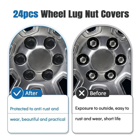 Comparison of wheel lug nuts with and without 24 Pack Wheel Lug Nut Cap Covers For GMC Chevy Trucks And SUVs Black 22mm Hex 39.4mm Length