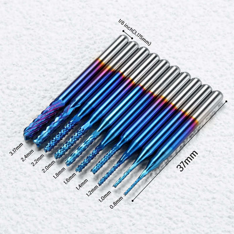 Genmitsu nano blue-coated end mill set, 10 pieces, 0.8–3 mm sizes, 1/8in shank