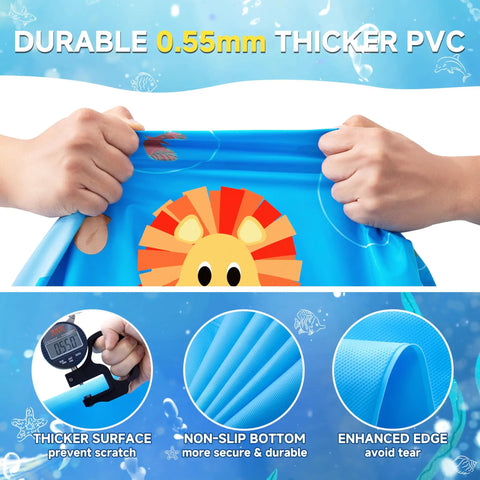 Epic 69 Inch Non Slip Splash Pad For Toddlers 1 To 3 With Learning Mat Water Play Backyard Pool Toy For Kids And Pets Blue Ideal For Summer Fun Safe Splashing Easy Setup And Durable Outdoor Water Mat shown in close-up with thick PVC material