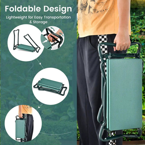 Person holding Two In One Garden Kneeler Bench With Large Tool Pouches Grab And Go Foldable Kneeling Pad and Seat, folded for easy carry.