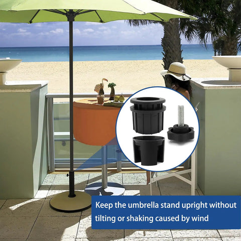 8 Piece Umbrella Base Hole Ring Plug Covers And Caps Set For Patio Stand Replacement Parts at a beachside patio.
