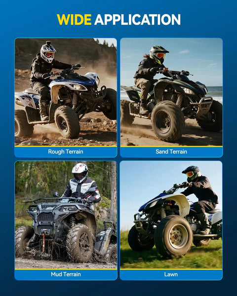 ATVs on rough, sand, mud terrain, and lawn using 145/70-6 ATV UTV Go Kart Tires, 4-Ply Mud-Ready All-Terrain Off-Road Tires Set