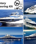 Collage featuring Boat Steering System With Thirteen Foot Cable Outboard Steering Kit Three Quarter Inch Standard Tapered Shaft on yachts.
