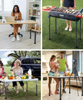 Heavy Duty Folding Table Leg Extenders Pack Of Four shown in various settings: home office, outdoor grill, picnic, and kitchen.