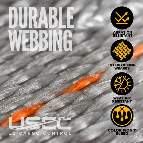 Close-up of gray durable webbing for E Track Cam Buckle Tie Down Straps 2 Inch Wide 16 Foot Long 10 Pack With Spring E Fittings 2,500 Lbs Break Strength