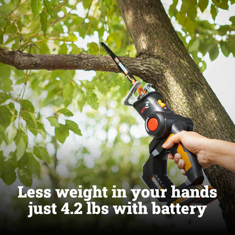 Cordless Reciprocating Saw And Jigsaw Powerhouse 20V Tool includes four multi material blades, lightweight at 4.2 lbs for easy tree cutting.