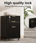 Slick Fluted 3 Drawer Rolling File Cabinet With Secure Lock showcasing high quality lock and sleek design in matte black.