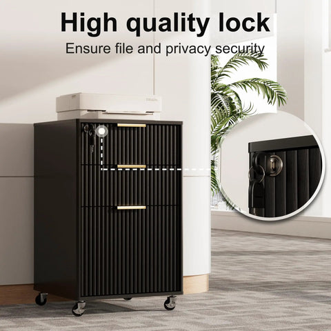 Slick Fluted 3 Drawer Rolling File Cabinet With Secure Lock showcasing high quality lock and sleek design in matte black.
