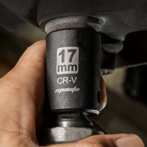 Close-up of a 17mm Cr-V steel socket from 1/2 Inch Drive Metric Shallow Impact Socket Set With Cr-V Steel, 6 Point, 14 Piece, 11-32mm Sockets