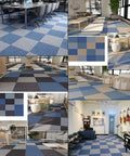20 Pack 20x20 Inch Carpet Tiles with Stickers, Reusable, PVC Backed, Slip-Resistant, Waterproof, Blue in various room settings