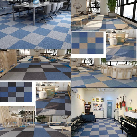 20 Pack 20x20 Inch Carpet Tiles with Stickers, Reusable, PVC Backed, Slip-Resistant, Waterproof, Blue in various room settings