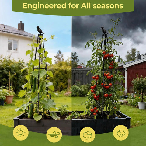 Two Pack Garden Trellis Obelisk For Climbing Plants, 65 Inch Tall, in use with cucumbers and tomatoes in different weather conditions.