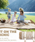 Family enjoying a picnic on a 2 In 1 Extra Large Camping Blanket With Soft Woven Top And Durable Oxford Base Dual Use For Outdoor Picnics Yoga Mat Beach Or Road Trips Lightweight Car Essential RV Gear Glamping Tent Must Haves Hiking And Beach Gift For Women by the lake.