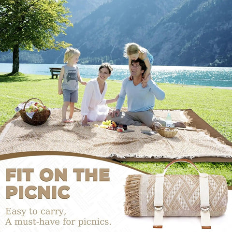 Family enjoying a picnic on a 2 In 1 Extra Large Camping Blanket With Soft Woven Top And Durable Oxford Base Dual Use For Outdoor Picnics Yoga Mat Beach Or Road Trips Lightweight Car Essential RV Gear Glamping Tent Must Haves Hiking And Beach Gift For Women by the lake.