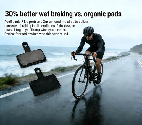 Cyclist on wet road with disc brake caliper kit, front and rear disc brake caliper kit with resin semi metallic pads for F160 R140 F180 R160 systems compatible with Shimano MT200 Tektro and most mountain and electric bikes and scooters beefed up braking performance.