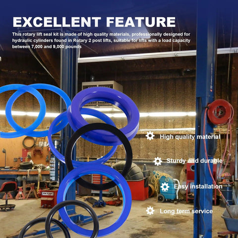Rotary lift hydraulic cylinder seal kit with blue rubber seals and black ring in workshop.