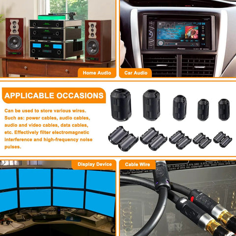 No Nonsense Clip On Ferrite Ring Core EMI RFI Noise Suppressors For Cables 3mm To 13mm Displayed in Use with Audio and Video Setups