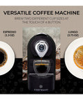 Compact Black Espresso Machine Bundle Pushing 20 Bar Pressure For Rich Creamy Crema In Just 30 Seconds Includes Dual Sided Capsule Holder And Two Glass Cups And Handheld Milk Frother For Straight Fire Morning Brews. Versatile coffee machine making espresso and lungo.