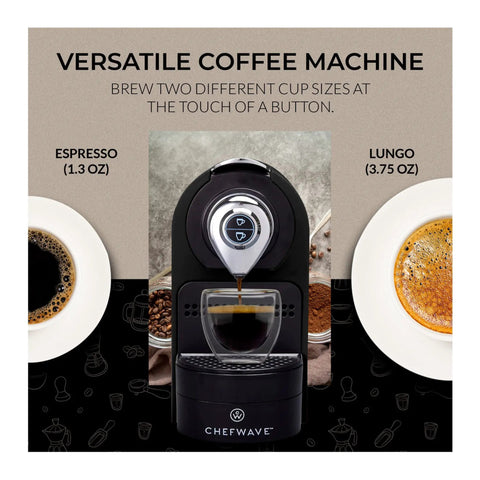 Compact Black Espresso Machine Bundle Pushing 20 Bar Pressure For Rich Creamy Crema In Just 30 Seconds Includes Dual Sided Capsule Holder And Two Glass Cups And Handheld Milk Frother For Straight Fire Morning Brews. Versatile coffee machine making espresso and lungo.