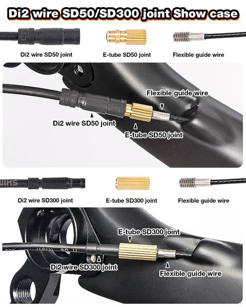 Internal cable routing kit for bike frame; orange magnetic flexible guide wire with SD50/SD300 joints installed on frame