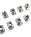 Professional 10 Pack Sliding T Nuts 1/4-20 Thread T Slot Hardware Zinc Coated Steel Fasteners arranged for workshop use.