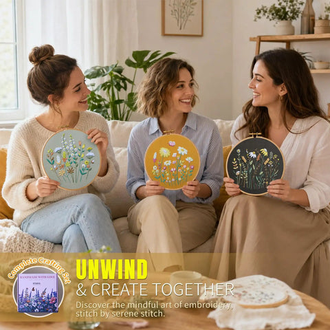 Three women holding beginner embroidery kit with two hoops, four floral patterns, includes 4K video tutorials and 11 fundamental stitches