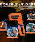 Infrared Thermometer With Dual Laser Non Contact Temperature Gun Handheld IR Heat Temperature Meter Adjustable Emissivity, orange handheld unit used for metal smelting, auto repair, and electrical inspection