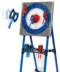 Eight Foam And Plastic Axes Axe Throwing Game Set with heavy duty steel frame and unique bristle target, blue and red axes attached