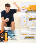 Man sitting on toilet holding phone, Six Piece Toilet Seat Bumper Set With Height Adjusters And Lifter Handle For Easy Install displayed beside.