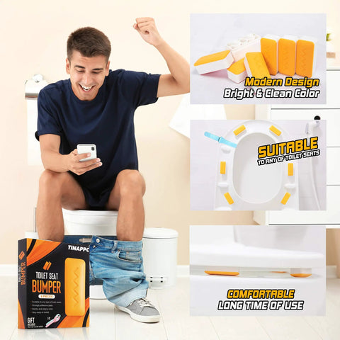 Man sitting on toilet holding phone, Six Piece Toilet Seat Bumper Set With Height Adjusters And Lifter Handle For Easy Install displayed beside.