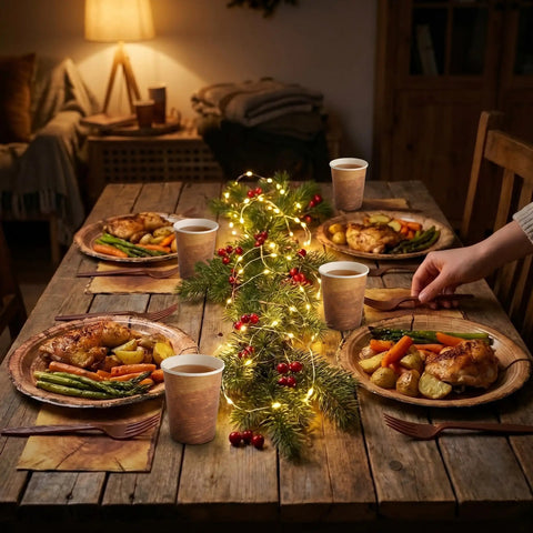 Dinner setup with 144 Pcs Disposable Rustic Wood Grain Slice Tableware Set For 24 Guests With Heavy Duty 7 Inch And 9 Inch Plates