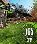 Man using Cordless Leaf Blower With Turbo Boost Delivers 765 CFM And 200 MPH Includes 56V 5.0Ah Battery And Charger Long Lasting Power