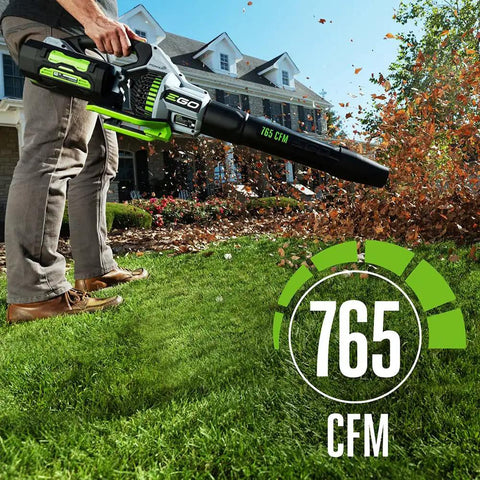 Man using Cordless Leaf Blower With Turbo Boost Delivers 765 CFM And 200 MPH Includes 56V 5.0Ah Battery And Charger Long Lasting Power
