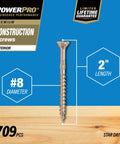 Professional Interior Wood Screws 767 Piece Set Star Drive Flat Head Fasteners, 2 inch length, #8 diameter screw on wood background.
