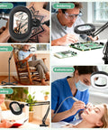 Collage showcasing Go To Floor Standing Magnifier With Light And Stand, 12X in use for tattoos, soldering, sewing, reading, estheticians.
