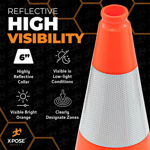 18 Inch Orange Traffic Cones With 6 Inch Collar, 4 Pack Heavy Duty Multipurpose PVC Safety Cones For Parking, Soccer, Caution, Kids, Construction, And DOT Approved showing reflective high visibility design