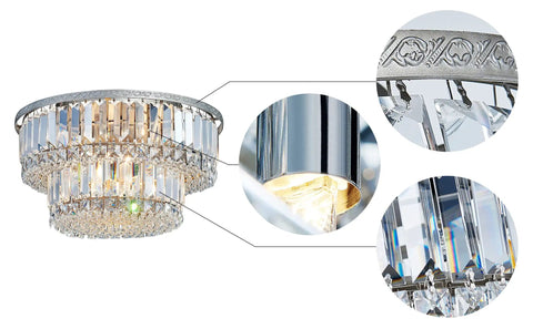 K9 Crystal Chandelier Two Tier Flush Mount With Five Lights For Bedroom Dining Living Room Modern Ceiling Fixture Hand Picked Crystals LED Compatible 9In High 16In Diameter Bulbs Not Included, showing detailed crystal and chrome design