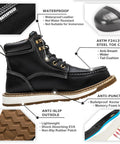 Waterproof Steel Toe Boots For Men 6 Inch Leather Moc Toe Work Shoes With Non Slip Grip Durable Construction Safety Footwear For Job Sites Black Size 11 with safety features labeled