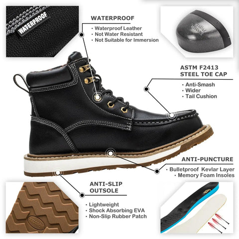 Waterproof Steel Toe Boots For Men 6 Inch Leather Moc Toe Work Shoes With Non Slip Grip Durable Construction Safety Footwear For Job Sites Black Size 11 with safety features labeled